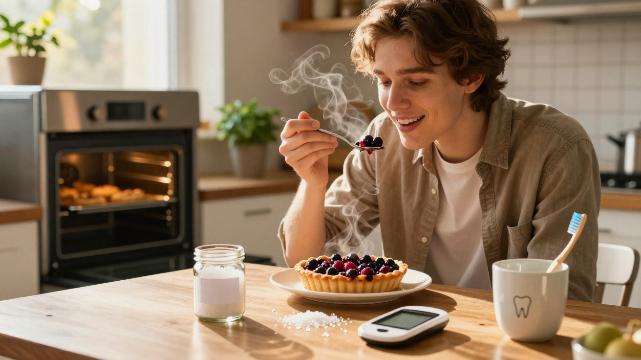 Jovem feliz a comer tarte de frutos vermelhos quente numa cozinha com utensílios de saúde oral e medidor de açúcar.