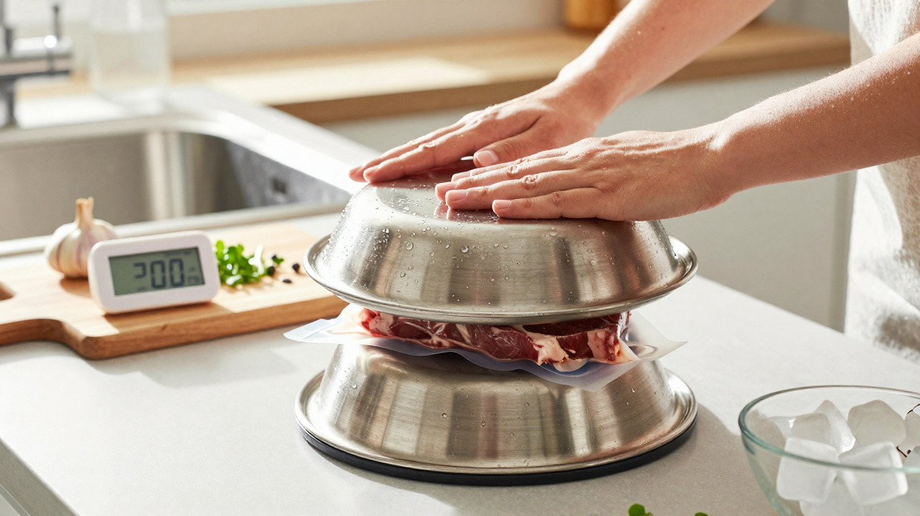 Mãos a prensar carne entre duas taças metálicas numa bancada de cozinha com termómetro e gelo à vista.