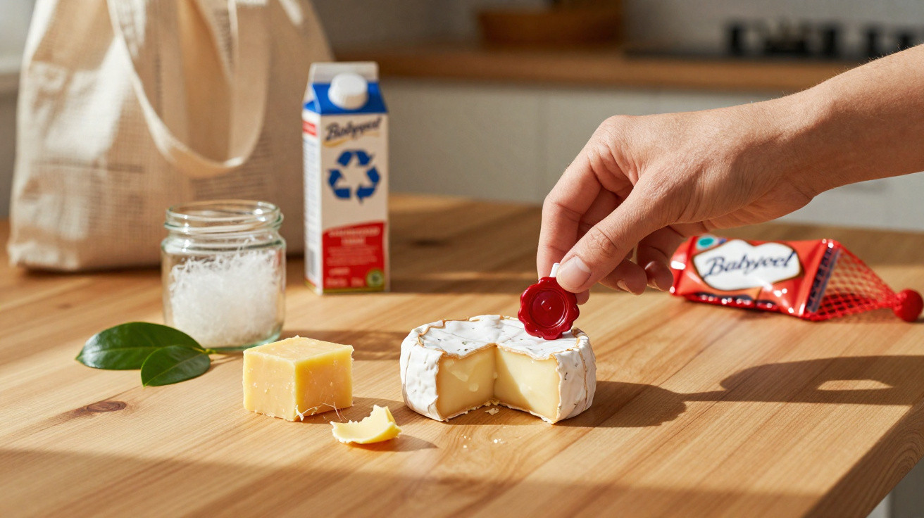 Mão a colocar selo vermelho num queijo camembert junto a cubo de queijo, geleia e caixa de leite numa mesa de madeira.
