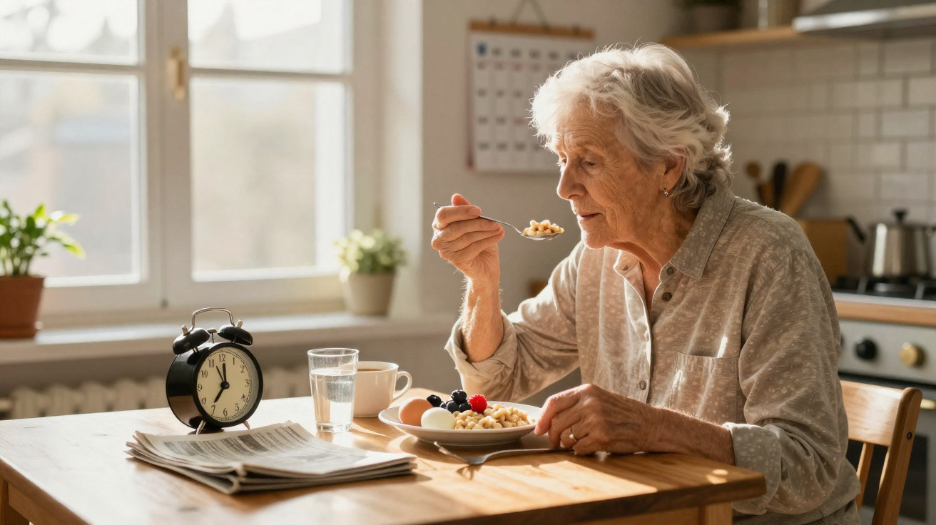 Mulher idosa a comer pequeno-almoço numa cozinha iluminada, com relógio e jornal na mesa.