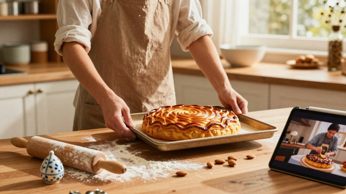 Pessoa a retirar do forno uma tarte dourada, com amêndoas e utensílios de pastelaria numa cozinha iluminada.