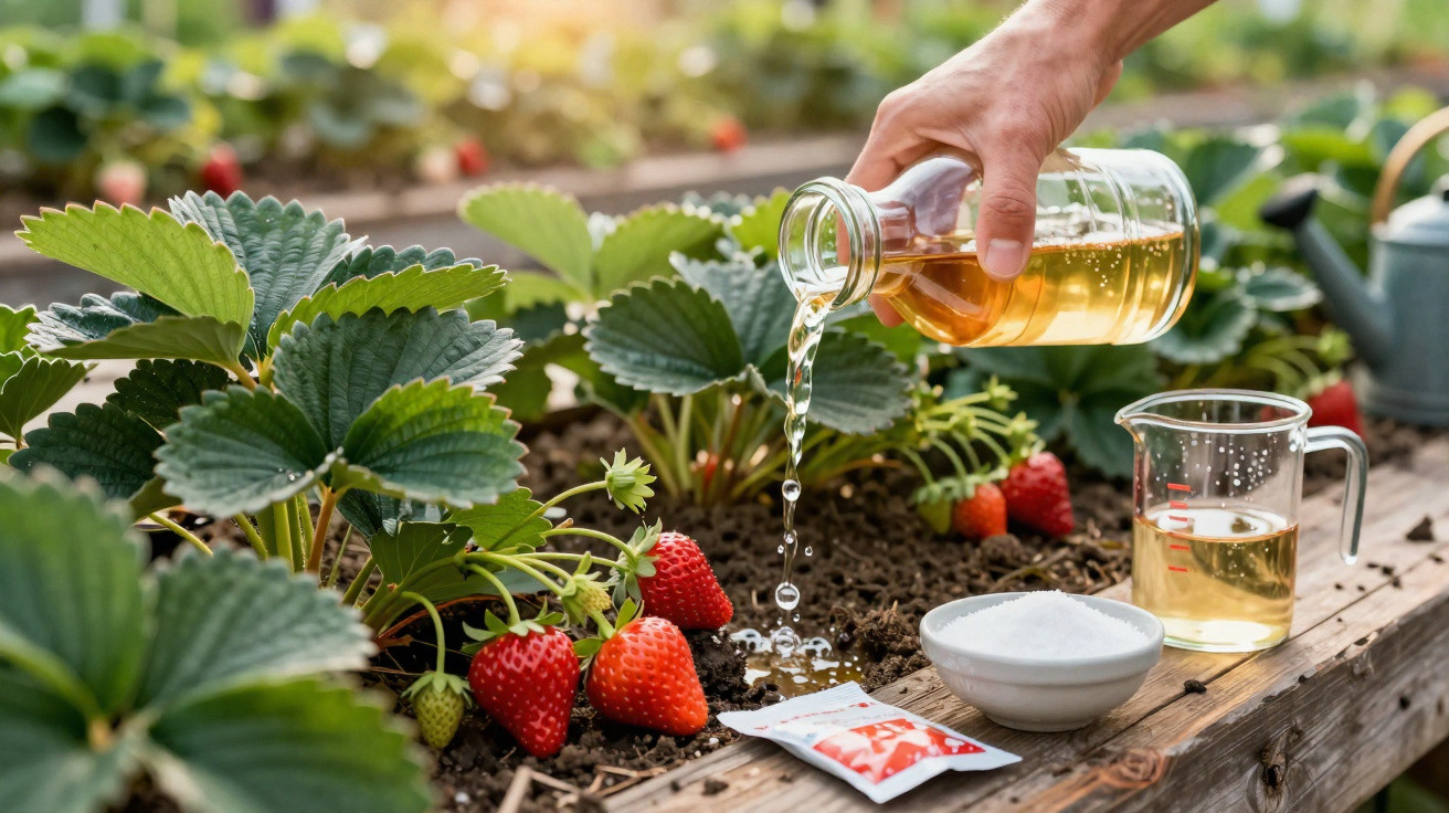 Pessoa a regar plantas de morango com líquido amarelado numa estufa com terra e frutos maduros.