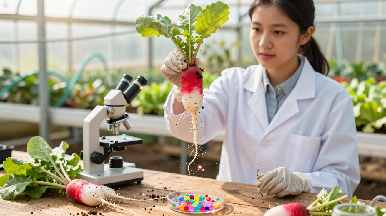 Cientista em laboratório agrícola examina rabanete com raiz e folhas, com microscópio e petri com esferas coloridas.