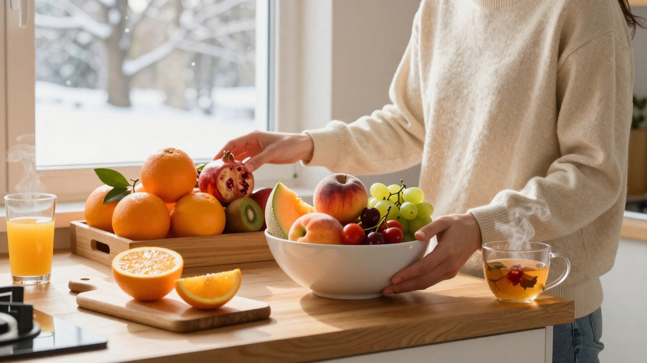 Pessoa a segurar uma tigela com várias frutas frescas numa cozinha iluminada junto à janela.
