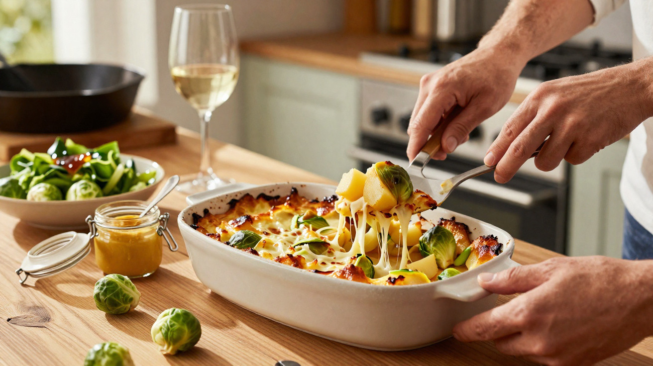 Pessoa a servir gratinado de couve de Bruxelas e queijo numa cozinha caseira, com salada e vinho ao fundo.