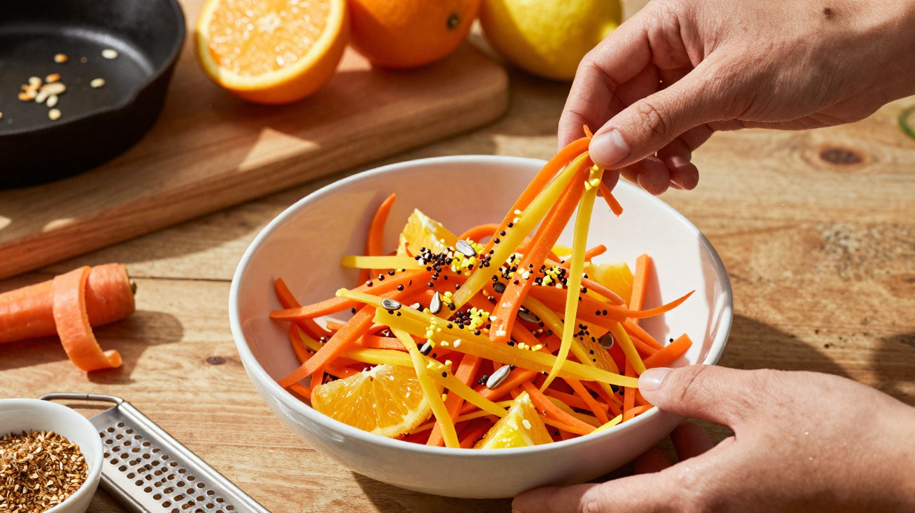 Salada de cenoura e laranja com sementes pretas num prato branco e mãos a mexer a salada.