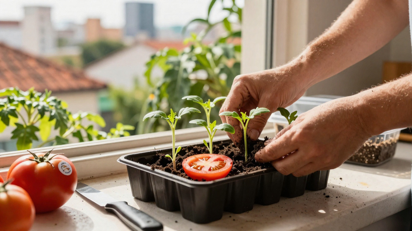 Mãos a transplantar mudas de tomate num tabuleiro com terra, junto a janela com tomates e faca.