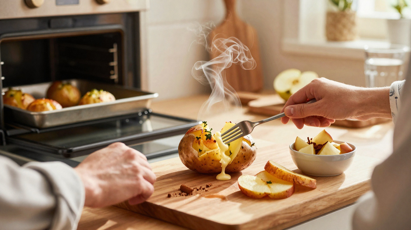 Duas mãos a preparar batata quente com manteiga derretida e fatias de maçã numa cozinha luminosa.
