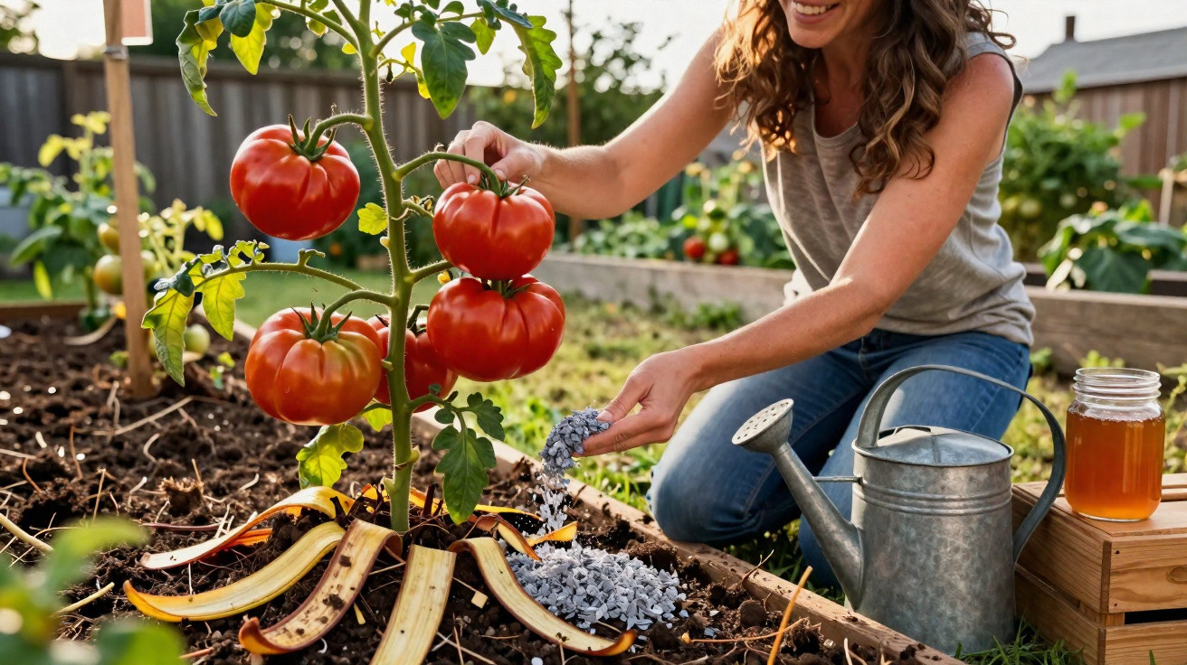 Mulher a cuidar de planta de tomate numa horta, adicionando fertilizante ao solo com regador ao lado.