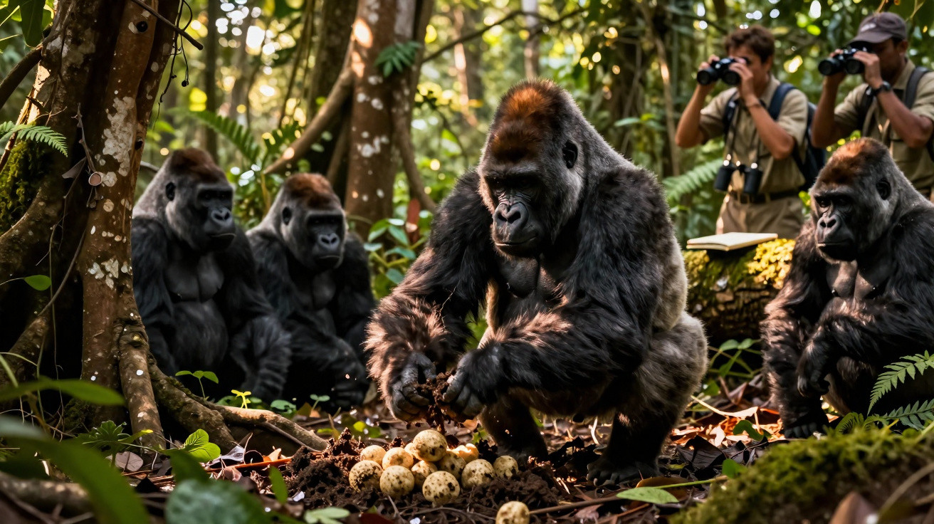 Gorilas em floresta recolhem ovos enquanto dois observadores humanos os fotografam com binóculos.