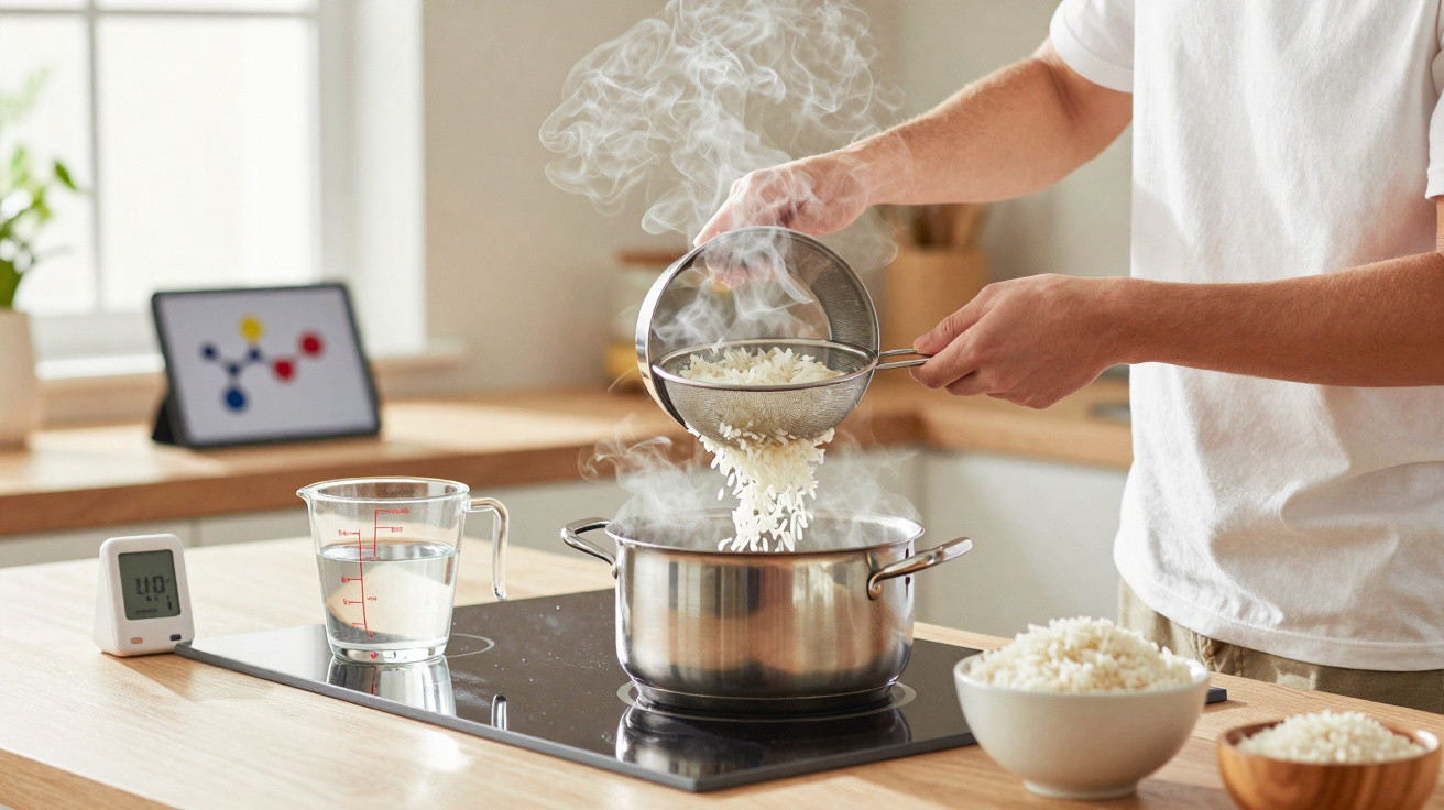 Pessoa a coar arroz para uma panela fumegante numa cozinha moderna e luminosa.
