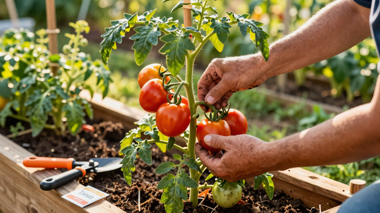 Mãos a colher tomates maduros numa horta caseira com terra e ferramentas de jardim.