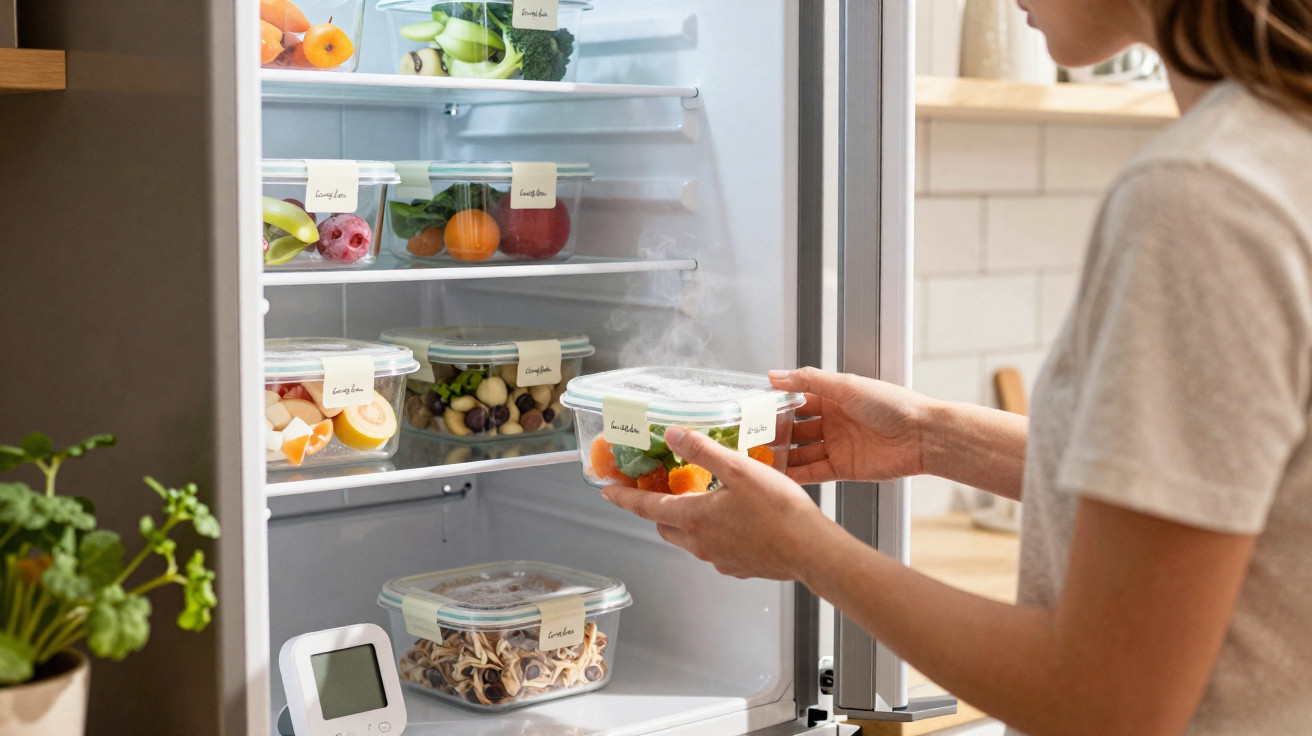 Pessoa a guardar refeição saudável em recipientes transparentes no frigorífico aberto numa cozinha moderna.