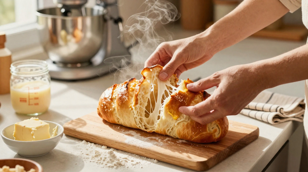 Pão quente com queijo derretido a ser partido ao meio numa tábua de madeira numa cozinha.