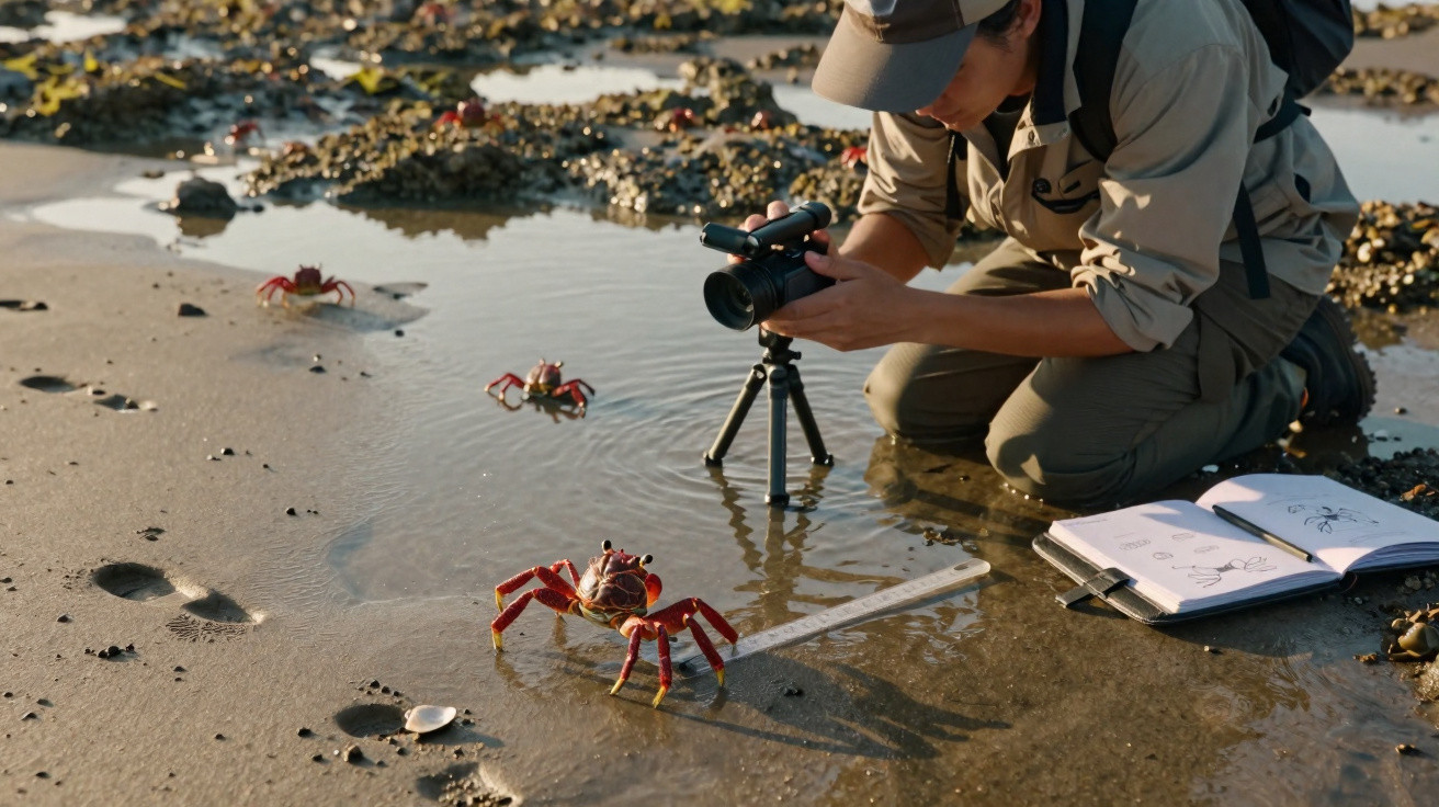 Pessoa a fotografar caranguejos vermelhos na areia junto a um caderno de anotações aberto.