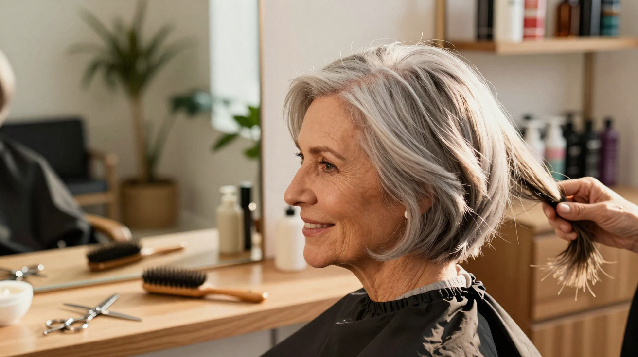 Mulher idosa sorridente a cortar o cabelo num salão de cabeleireiro com espelho e produtos ao fundo.