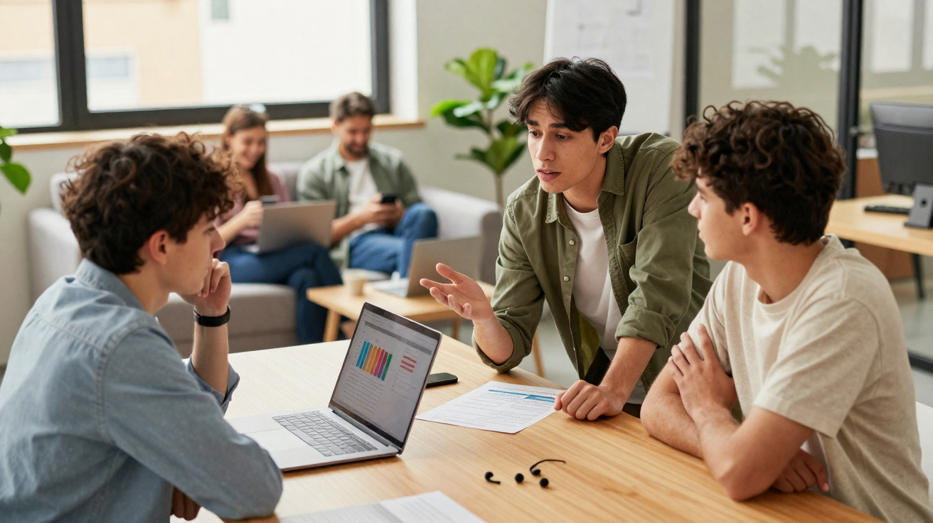 Jovens reunidos em escritório moderno a discutir gráficos no computador portátil e documentos sobre mesa de madeira.