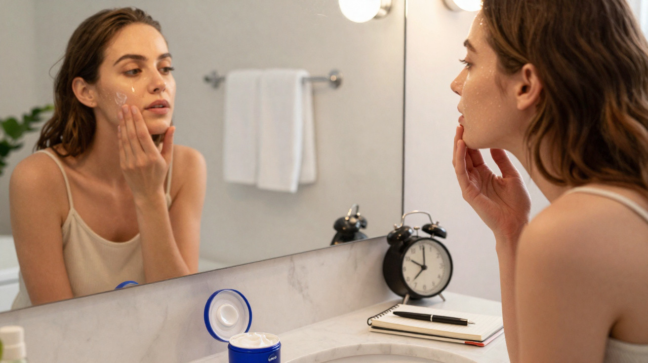 Mulher aplica creme facial enquanto se olha ao espelho numa casa de banho moderna.