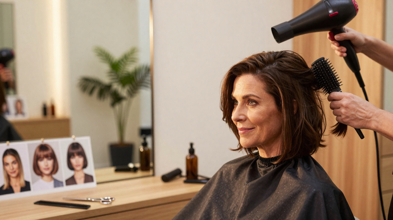Mulher sorridente a secar o cabelo num cabeleireiro, com espelho e imagens de cortes de cabelo ao fundo.