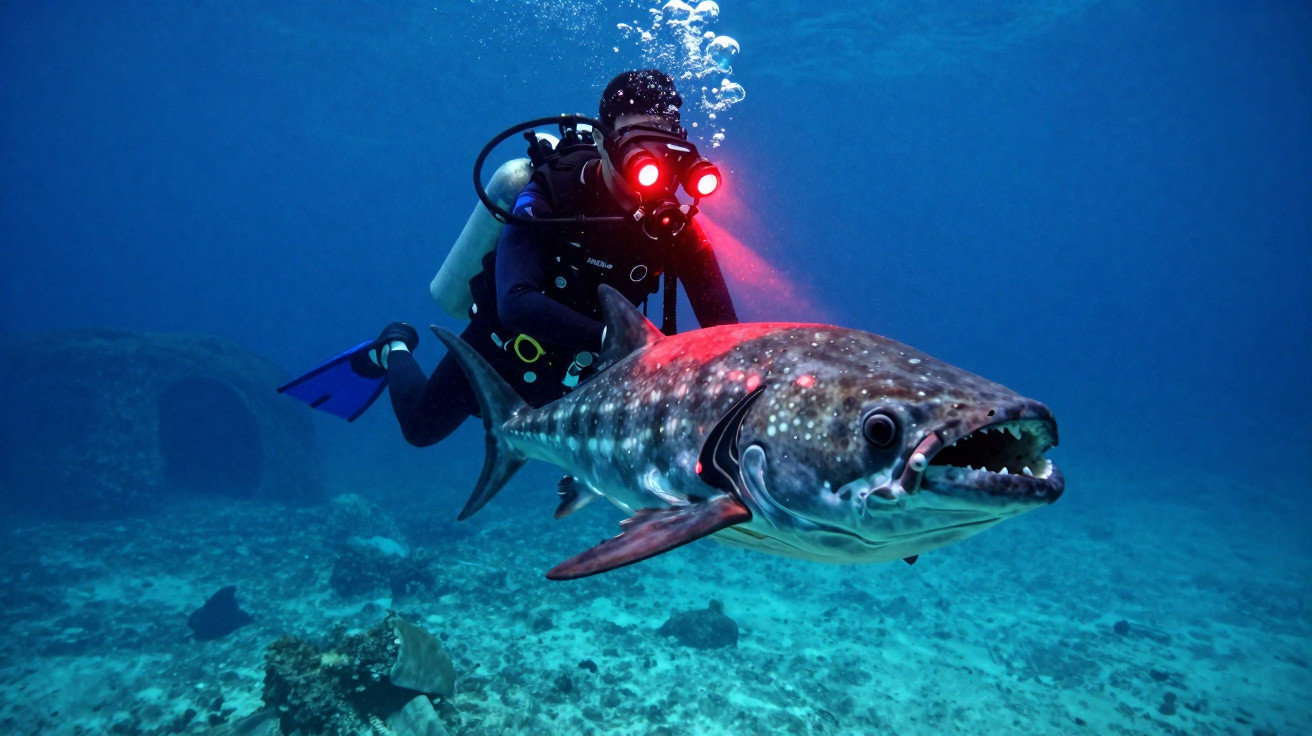 Mergulhador com equipamento e luzes vermelhas junto a peixe grande e predador sob água cristalina.