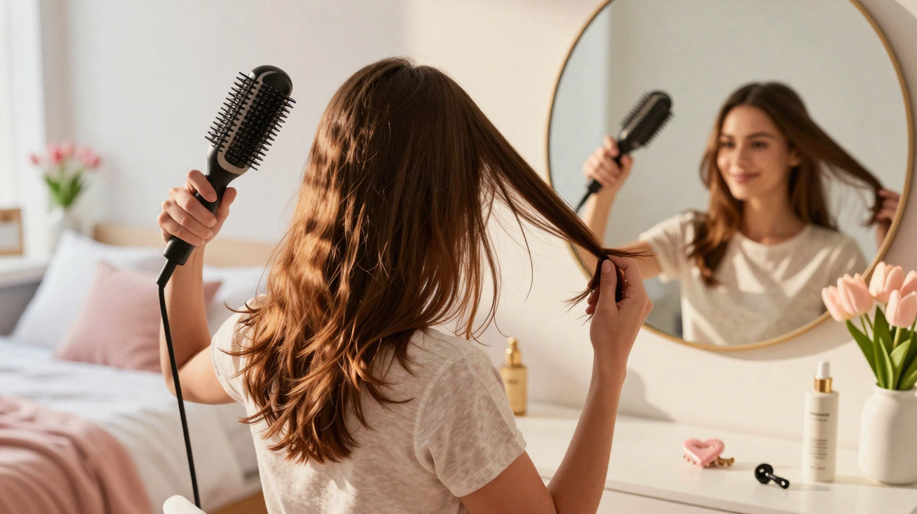 Mulher jovem a pentear o cabelo com escova térmica em frente a um espelho redondo num quarto iluminado.