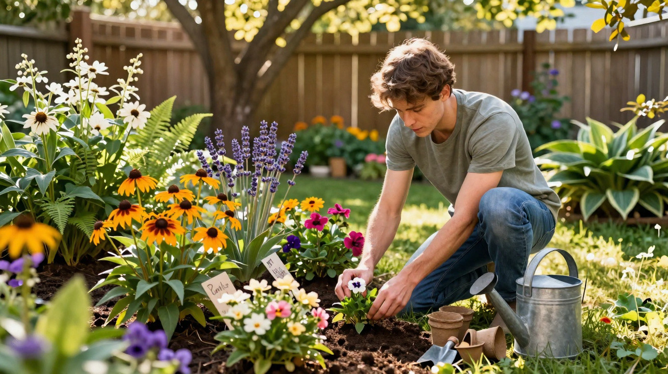 Jovem a plantar flores coloridas num jardim com regador e terra sob luz solar suave.