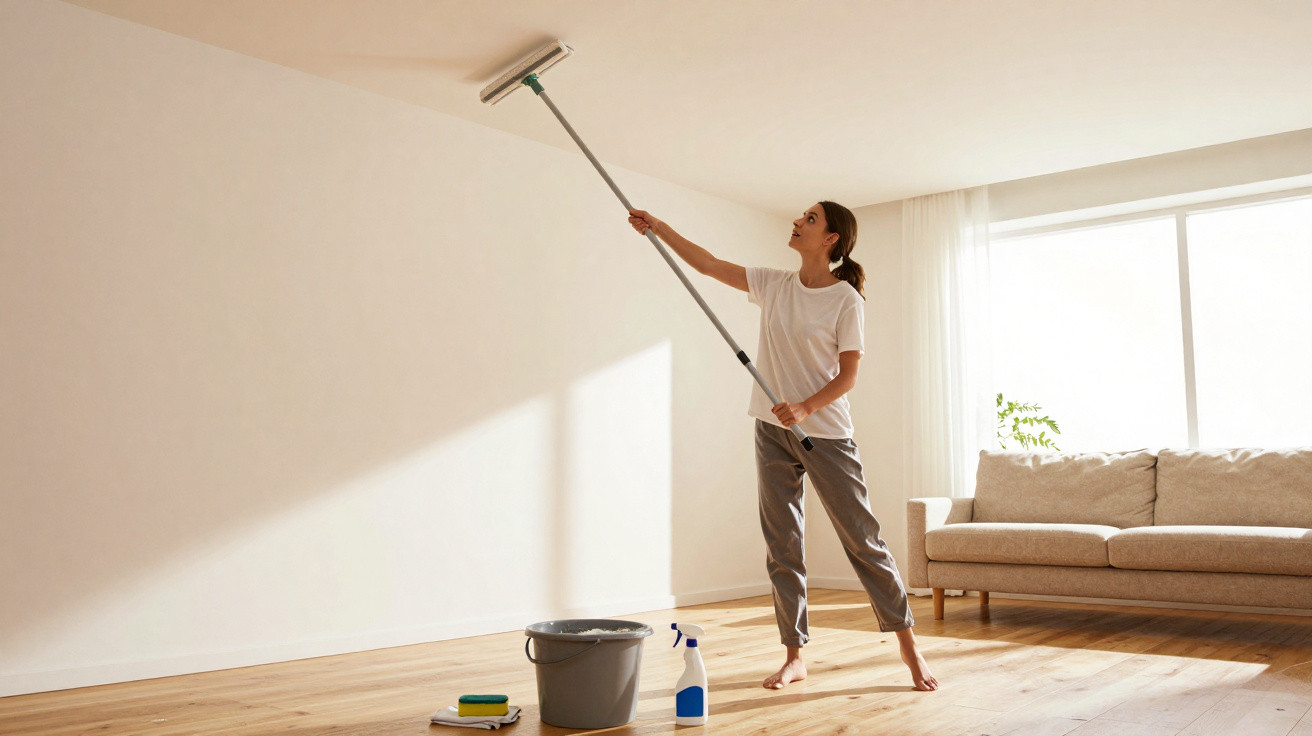 Mulher a limpar o teto com esfregona numa sala luminosa com sofá e produtos de limpeza no chão.