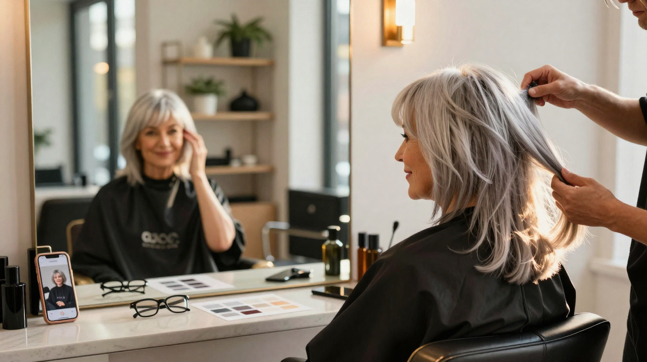 Mulher de cabelo grisalho no salão de beleza a ser penteada, com reflexo no espelho à sua frente.