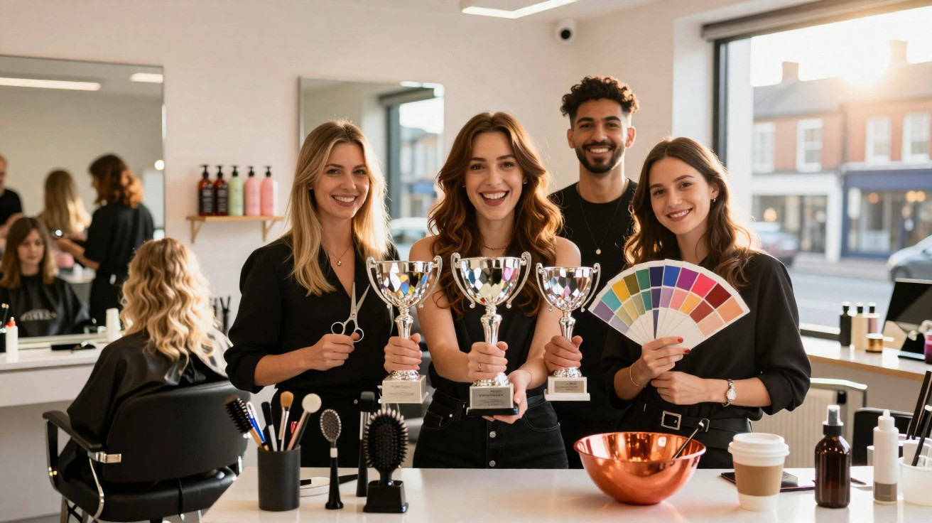 Quatro profissionais de salão de beleza seguram troféus, tesouras e paleta de cores, sorrindo para a câmara.