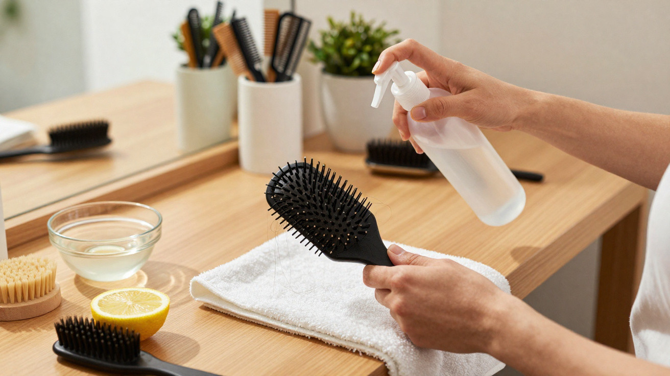 Pessoa a limpar uma escova de cabelo com frasco de spray em frente a um espelho num móvel de madeira.