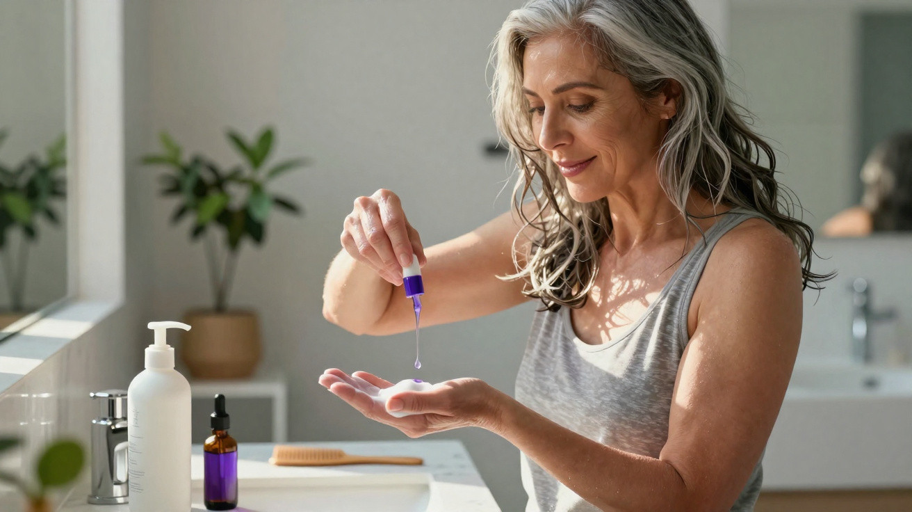 Mulher madura aplica óleo facial, sorrindo, num quarto de banho iluminado com plantas e frascos de cosméticos.