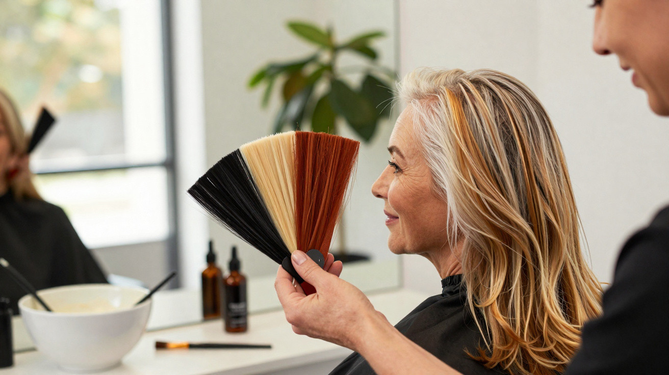 Mulher no cabeleireiro a escolher cor de cabelo com amostras variadas de madeixas.