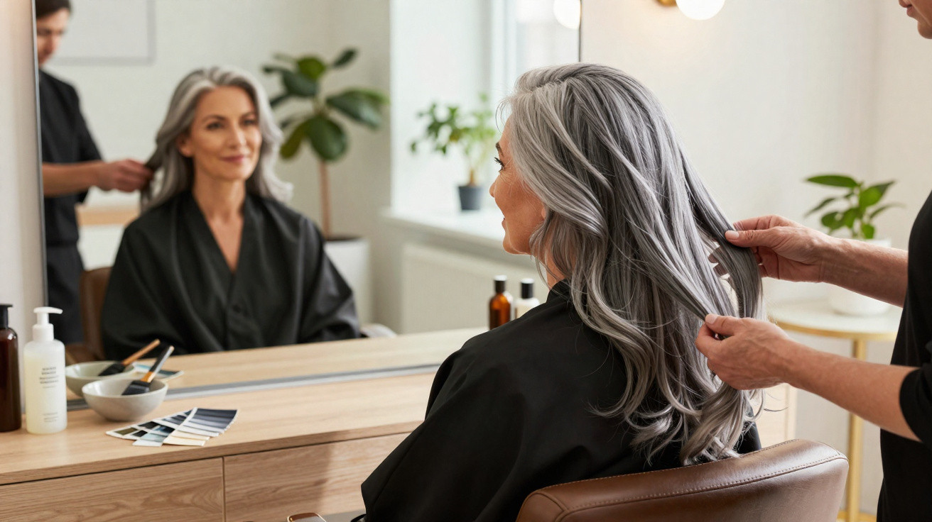 Mulher com cabelo grisalho longo sentada em salão de cabeleireiro, enquanto profissional arruma o cabelo dela.