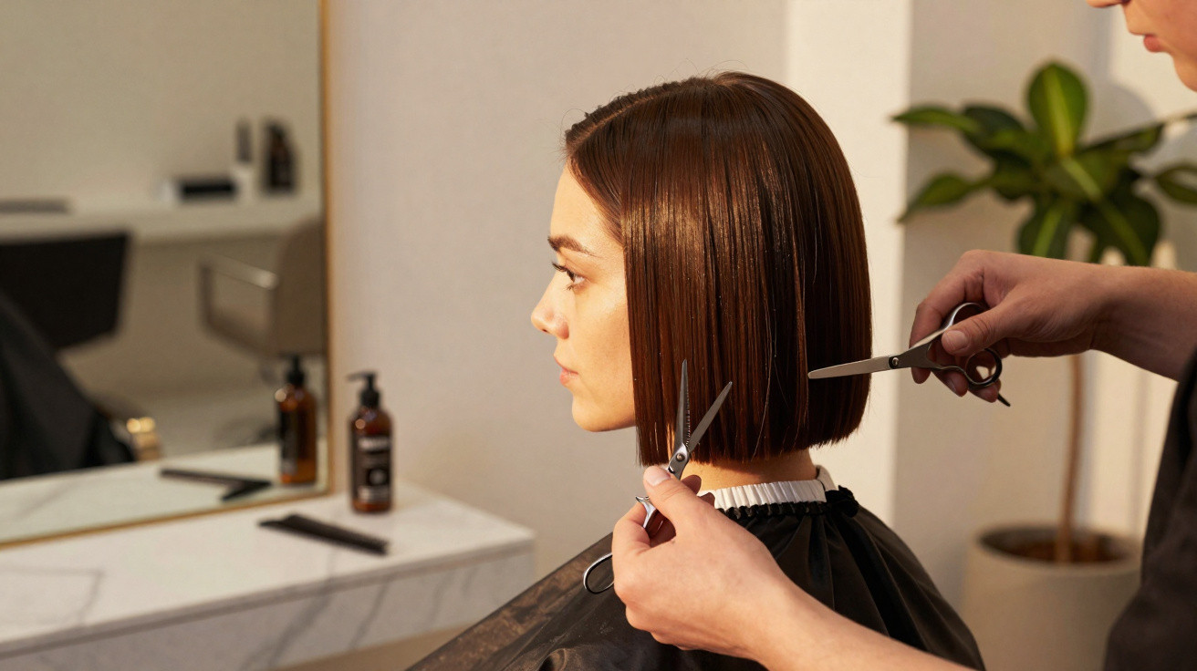 Cabeleireiro a cortar o cabelo castanho e liso de uma mulher num salão moderno.