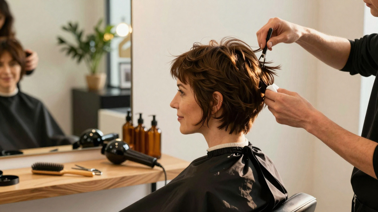 Mulher com cabelo curto a ser penteada por cabeleireiro num salão de beleza moderno.