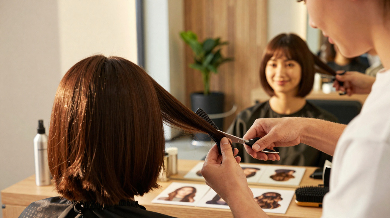 Cliente sentada no cabeleireiro a receber corte de cabelo enquanto observa o espelho.