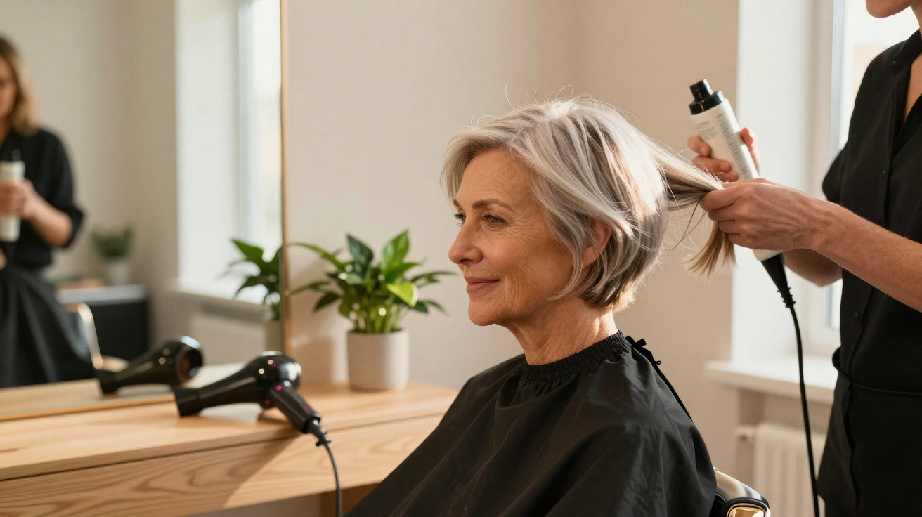 Mulher madura com cabelo grisalho a receber tratamento capilar num salão de beleza.