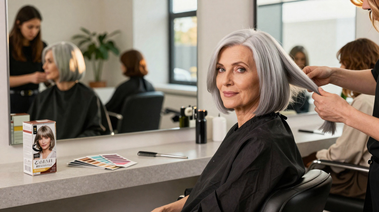 Mulher de cabelo grisalho num salão de beleza a ser penteada por cabeleireira com reflexo no espelho.