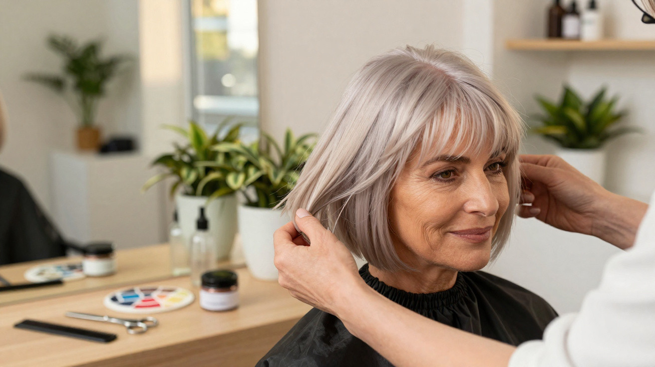 Mulher sénior com cabelo grisalho curto a ser arranjada num salão de cabeleireiro.