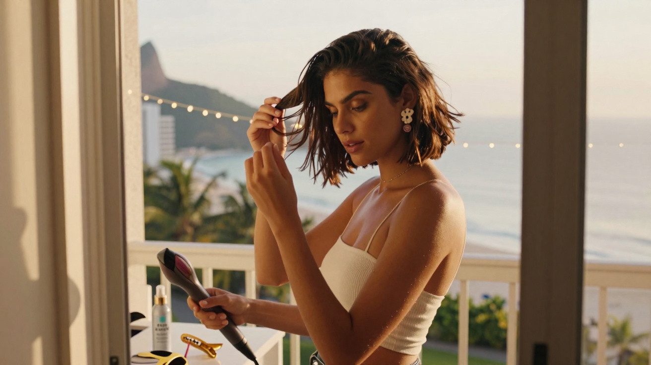 Mulher a secar cabelo com um penteado curto, em varanda com vista para praia ao pôr do sol.