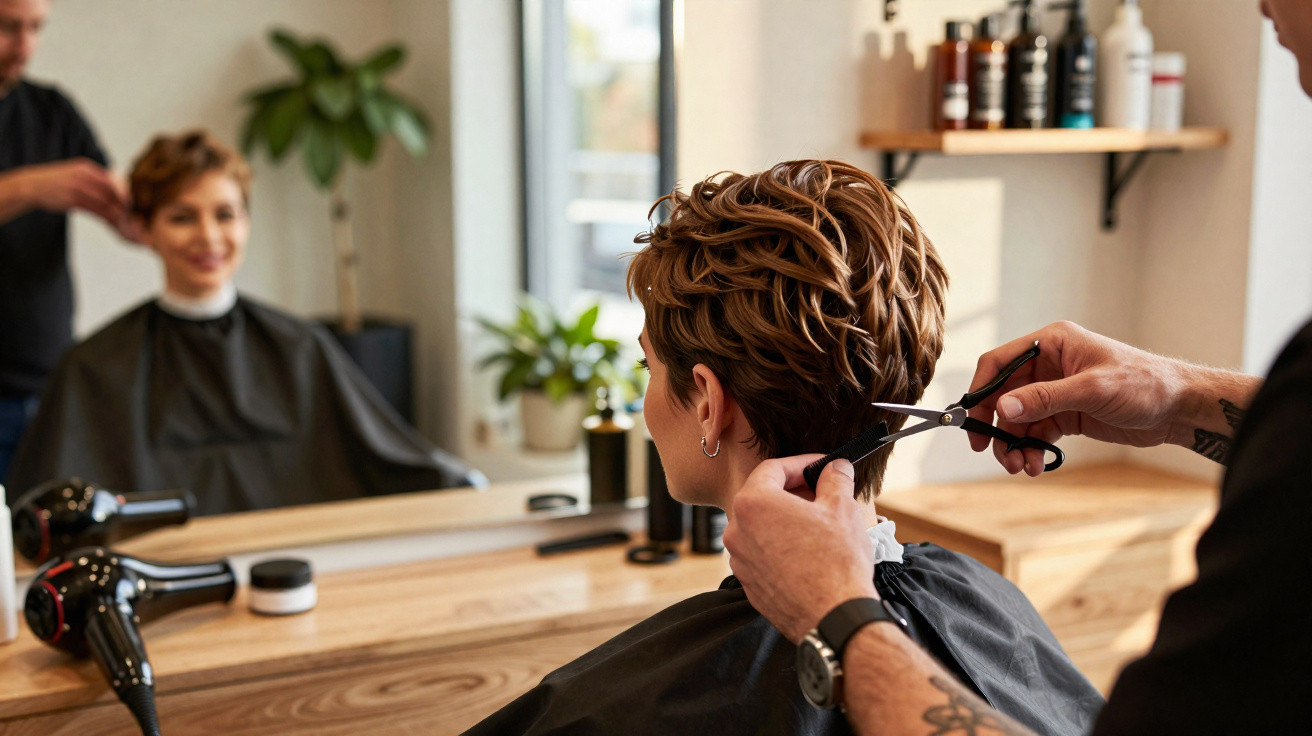 Pessoa a cortar o cabelo curto numa barbearia moderna com espelho e secador na bancada de madeira.
