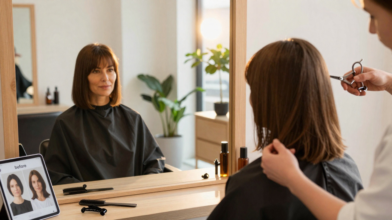 Mulher sentada num salão de cabeleireiro a receber um corte de cabelo à frente do espelho.
