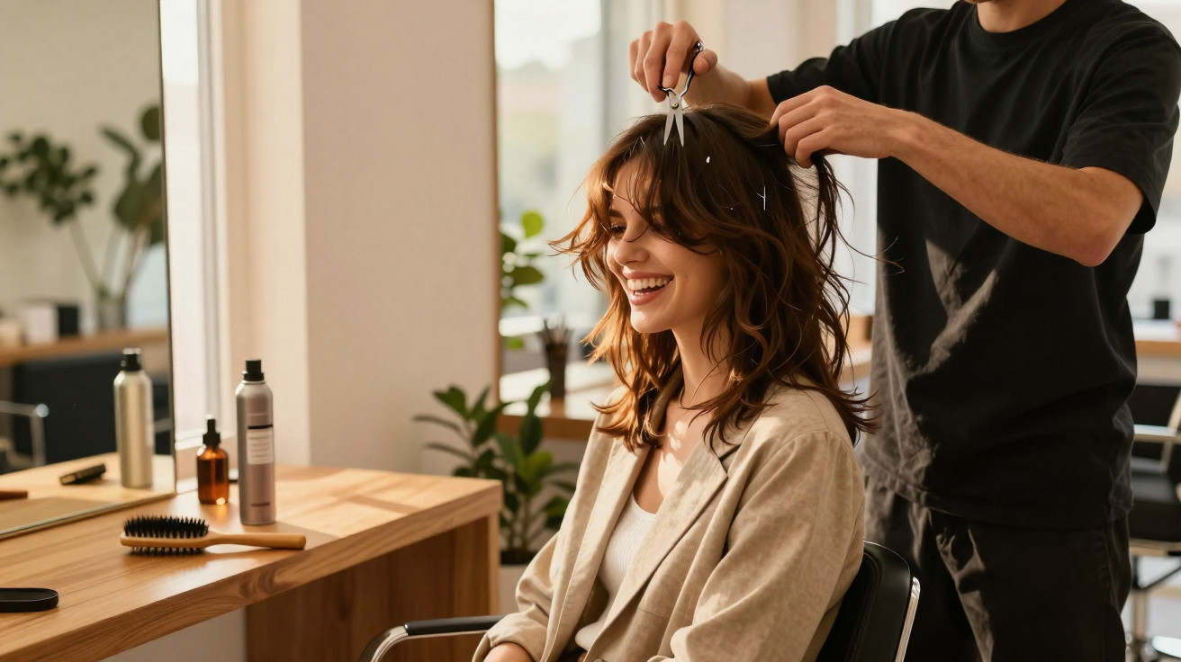 Mulher sorridente a receber corte de cabelo num salão com cabeleireiro a usar tesoura.