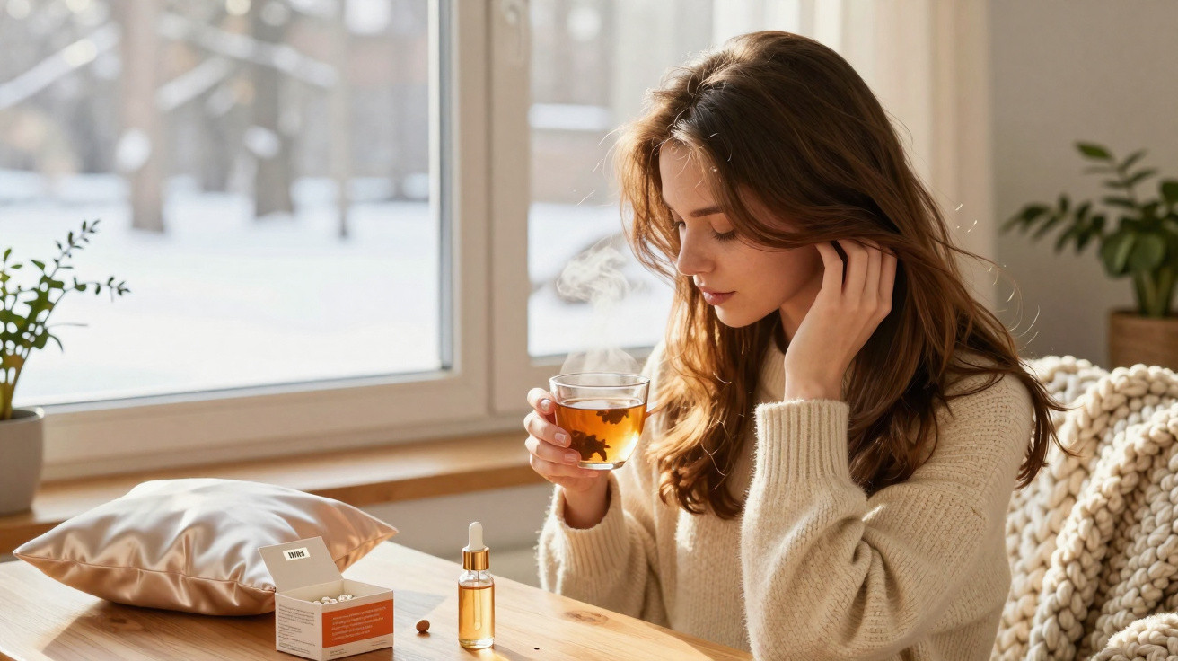 Mulher a beber chá quente junto à janela, com produtos de saúde sobre a mesa de madeira clara.