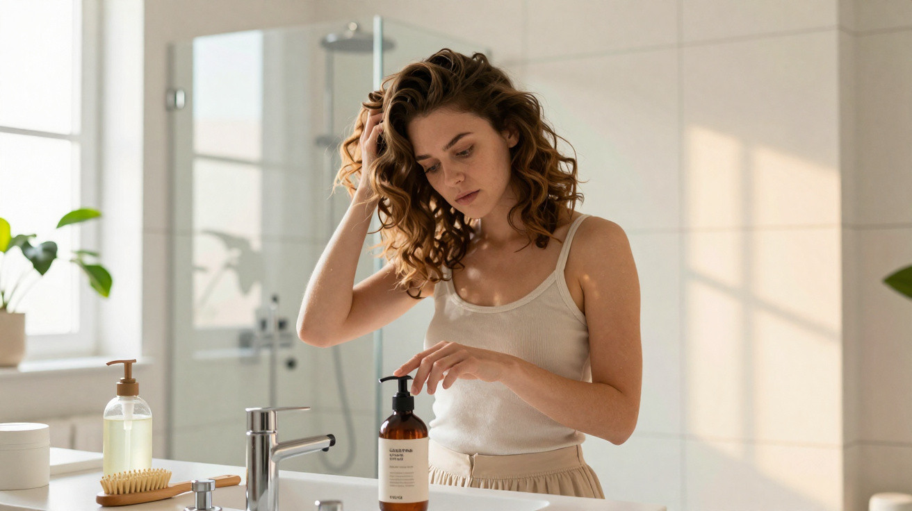 Mulher com cabelo encaracolado aplica produto capilar num frasco num lavatório de casa de banho.