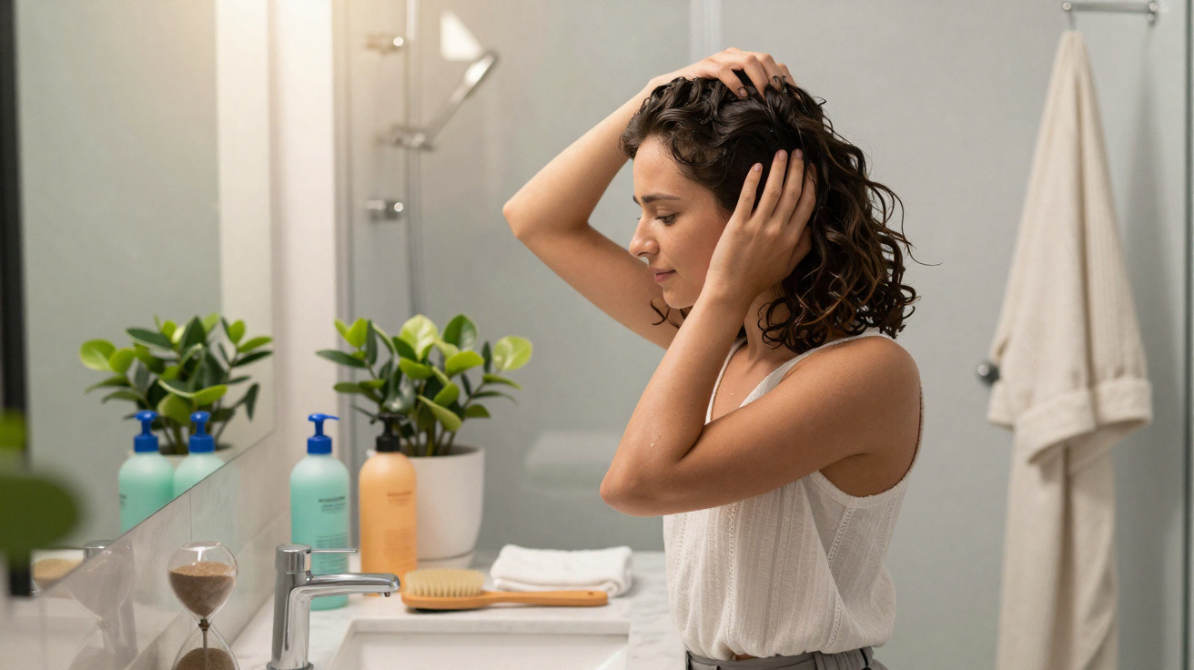 Mulher a cuidar do cabelo em casa, em casa de banho moderna com plantas e produtos de higiene.