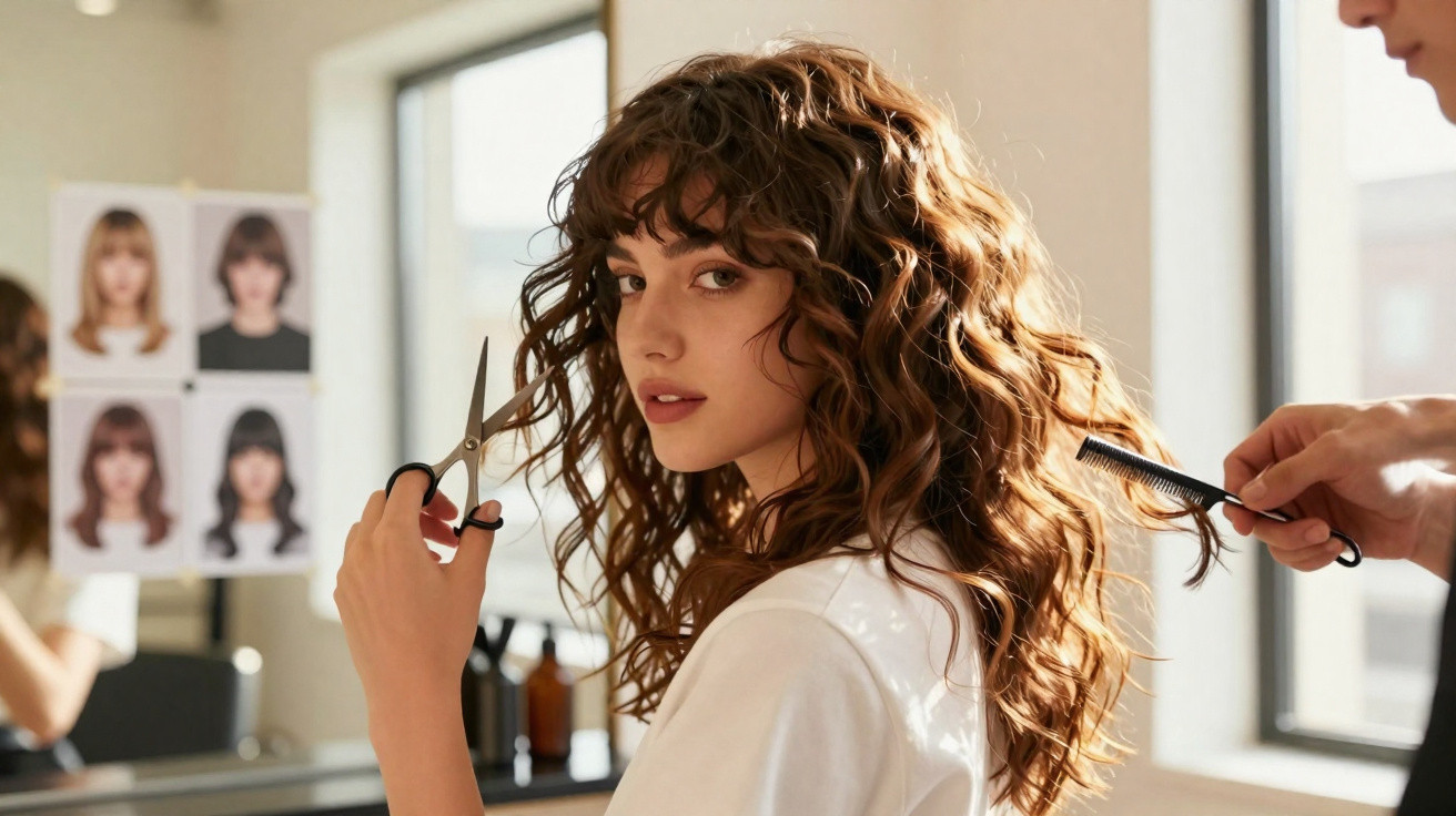 Mulher com cabelo ondulado castanho segurando tesoura, a ser penteada num cabeleireiro moderno.