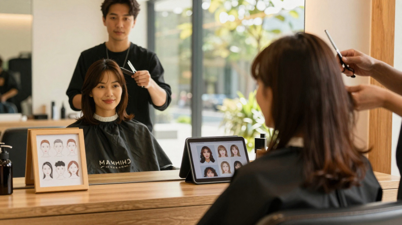 Mulher sentada no salão de beleza a escolher corte de cabelo com cabeleireiro de fundo.