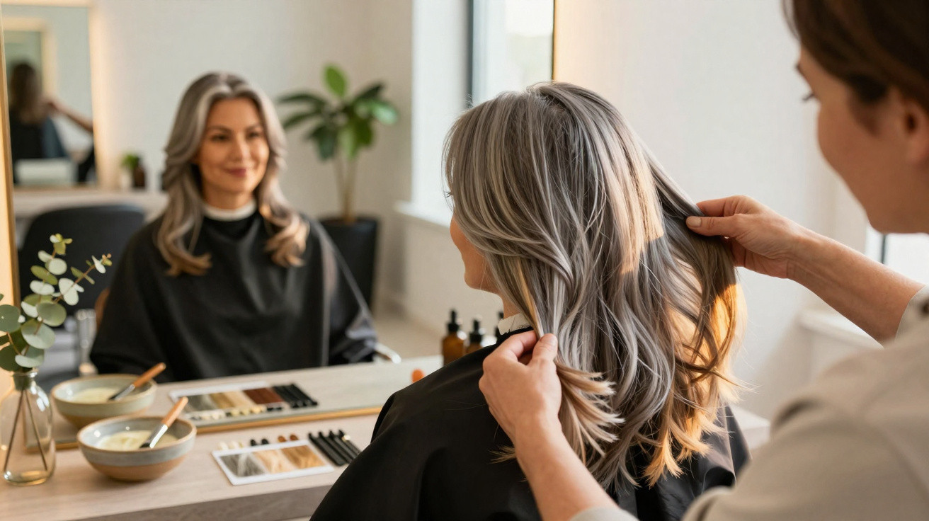 Cliente com cabelo cinzento a ser penteada por cabeleireiro num salão iluminado e moderno.