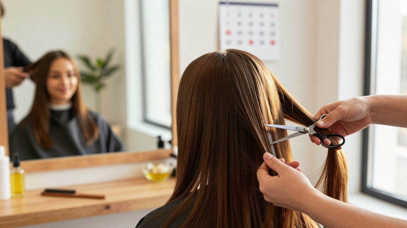 Mulher com cabelo comprido a ser cortado por cabeleireiro num salão moderno e iluminado.